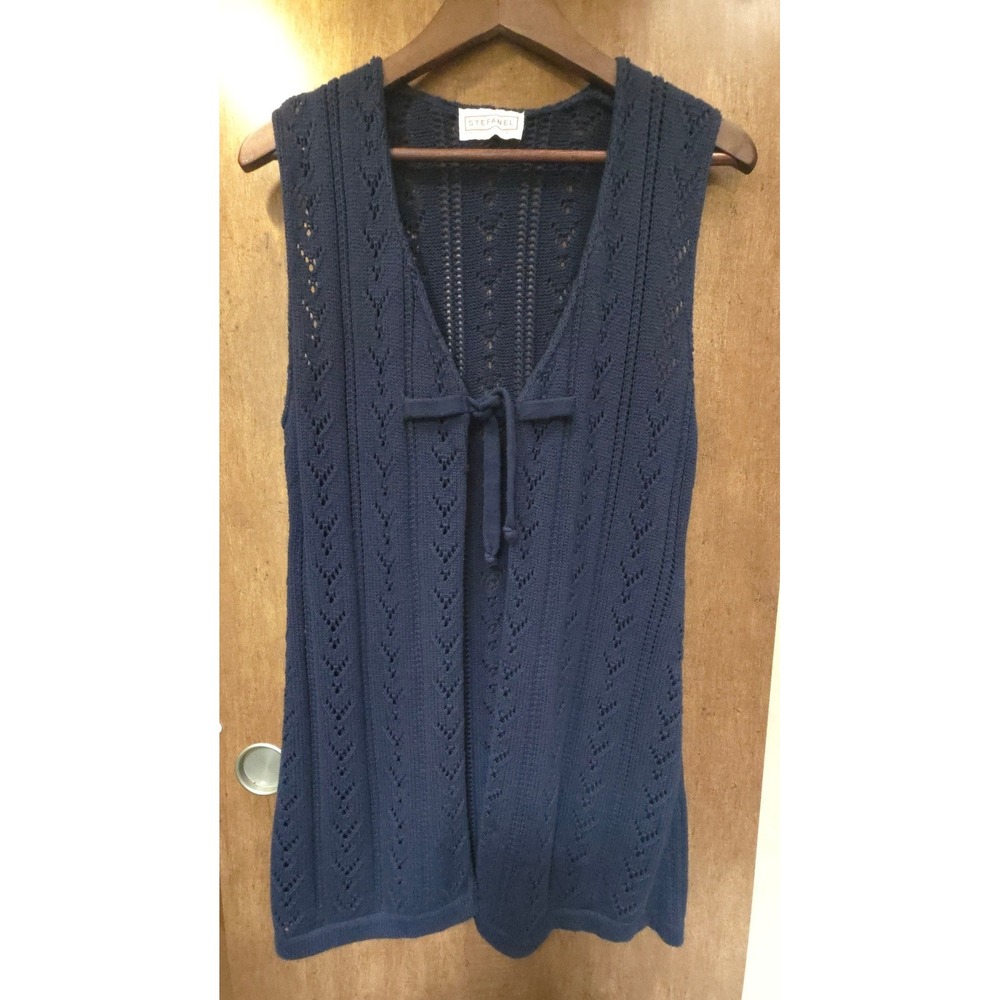 Stefanel Italy Navy Blue Pointelle Knit Tie Front Vest Cardigan Size M Cotton